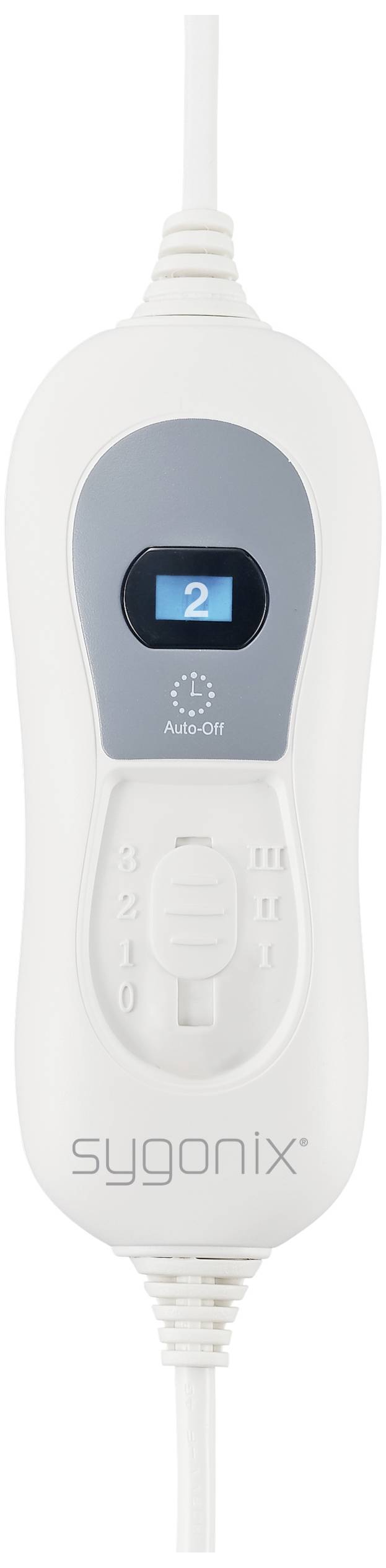 Heizkissen-Steuerung mit LCD-Anzeige. Zeigt Wärmelevel '2'. Markenname 'sygonix' sichtbar. Steuerungsknopf für Temperaturen 0 bis 5.