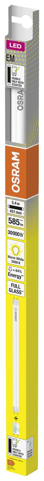 Gelbe und orange Verpackung einer Philips Glühlampe mit dem Modell '10W 865 G13 220-240V'. Energieeffizienzklasse-A-Label ist sichtbar.