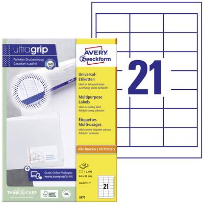 'Universal-Etiketten' von Avery Zweckform, 21 pro Seite. Geeignet für alle Drucker. Enthält gratis Online-Vorlagen-Link.