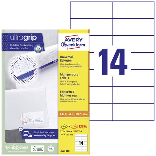 Thumbnail - Avery-Zweckform 3653-200 Universal-Etiketten 105 x 42.3 mm Papier Weiß 3080 St. Permanent haftend Laserdrucker, Farblase...