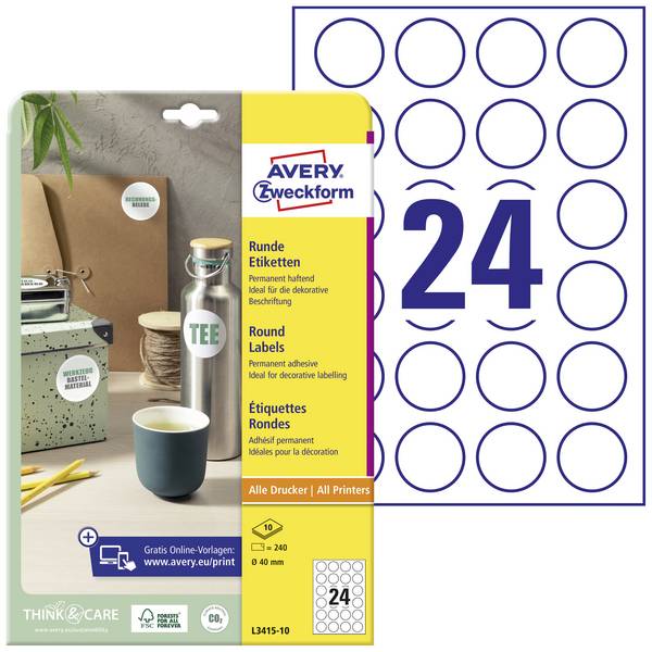 Avery-Zweckform L3415-10 Universal-Etiketten Ø 40 mm Papier Weiß 240 St. Permanent haftend Laserdrucker, Farblaserdrucker