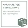'NACHHALTIGE VERPACKUNG' steht oben. Darunter steht 'Karton mit mindestens 90% Recyclinganteil'. Ein Karton mit Recycling-Symbol ist rechts.