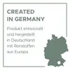 'CREATED IN GERMANY. Produkt entwickelt und hergestellt in Deutschland mit Rohstoffen aus Europa.' Karte von Deutschland.