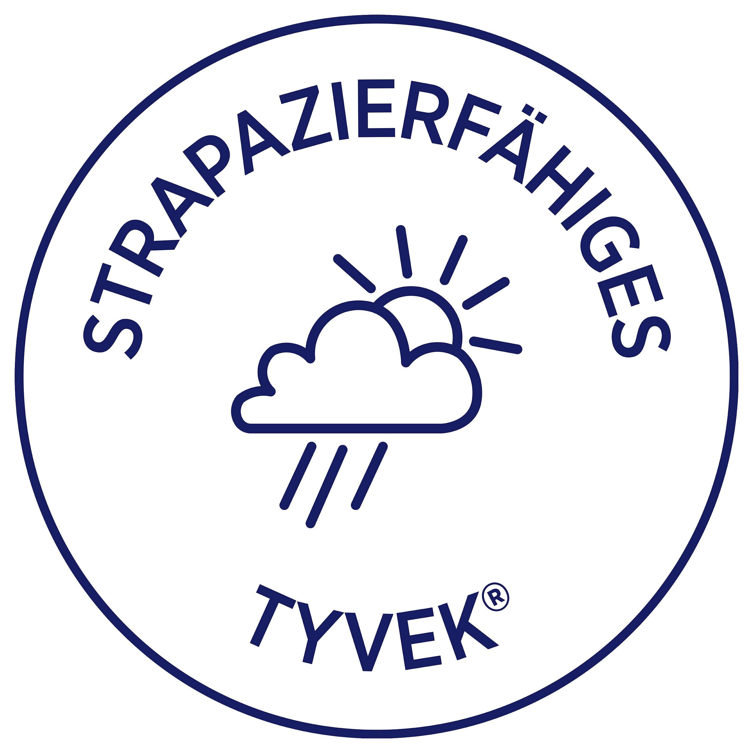 Rundes Logo mit Wolke, Regen und Sonne; Text 'STRAPAZIERFÄHIGES TYVEK®' als Hinweis auf strapazierfähiges Material.