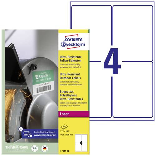 Thumbnail - Avery-Zweckform L7915-40 Universal-Etiketten 99.1 x 139 mm Polyethylenfolie Weiß 160 St. Permanent haftend Laser 40 Blat...