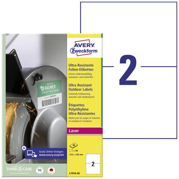 Avery-Zweckform L7916-40 Universal-Etiketten 210 x 148 mm Polyethylenfolie Weiß 80 St. Permanent haftend Laser 40 Blatt DIN A4