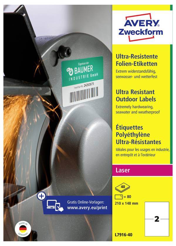 Avery-Zweckform L7916-40 Universal-Etiketten 210 x 148 mm Polyethylenfolie Weiß 80 St. Permanent haftend Laser 40 Blatt DIN A4