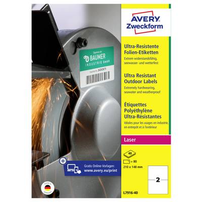 Produktetikett für Avery Zweckform ultrabeständige Outdoor-Etiketten, Laserdrucker-kompatibel, 210 x 148 mm, 2 Etiketten pro Blatt.