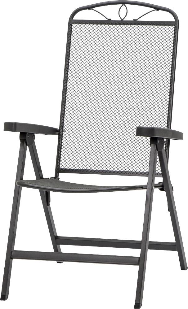 Metallstuhl mit Gitterdesign, hoher Rückenlehne und abgerundeten Armlehnen.
