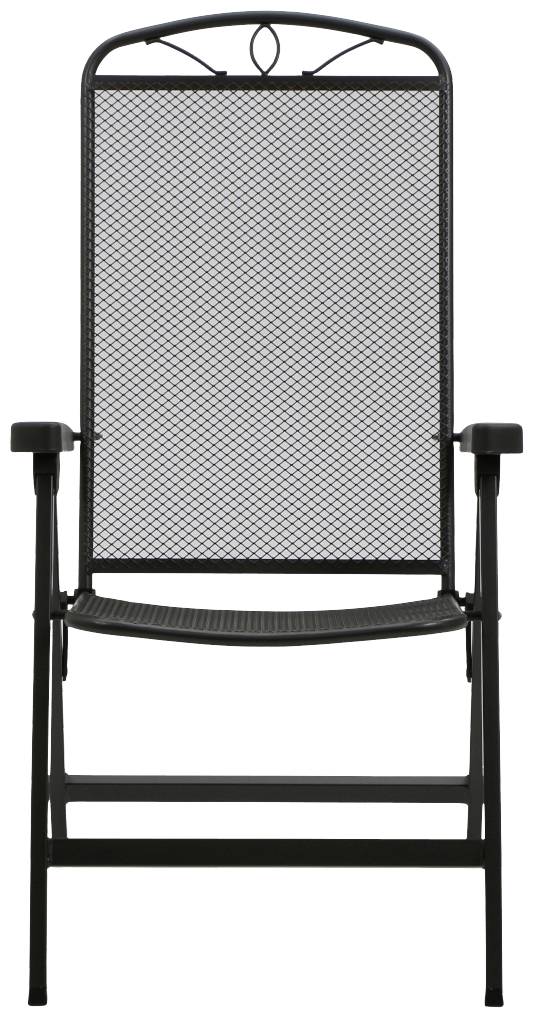 Ein schwarzer Gartenstuhl aus Metall mit einem Netzrücken und Armlehnen steht aufrecht. Ideal für den Außenbereich.