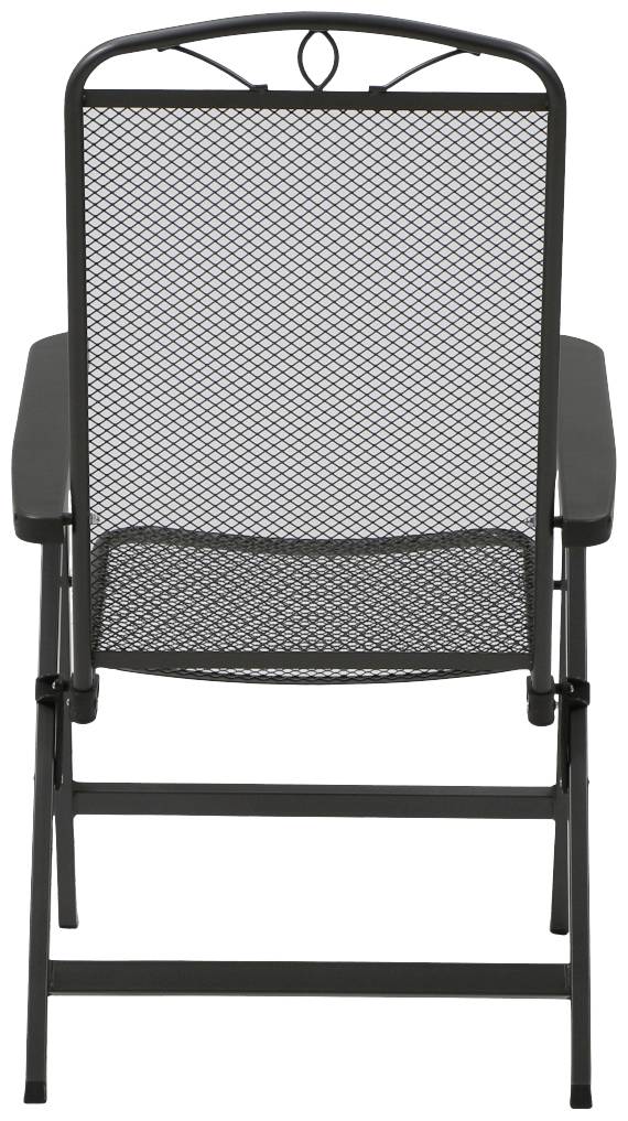 Schwarzer Gartenstuhl aus Metall mit Gitterdesign. Rückansicht zeigt filigranes Muster. Geeignet für Außenbereich.