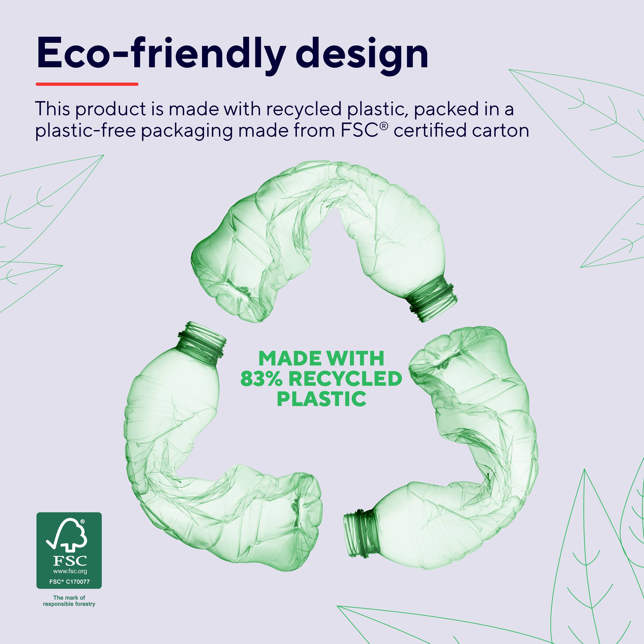 Ökofreundliches Design: Produkt in plastikfreier FSC-zertifizierter Kartonverpackung. Enthält 83 % recycelten Kunststoff.
