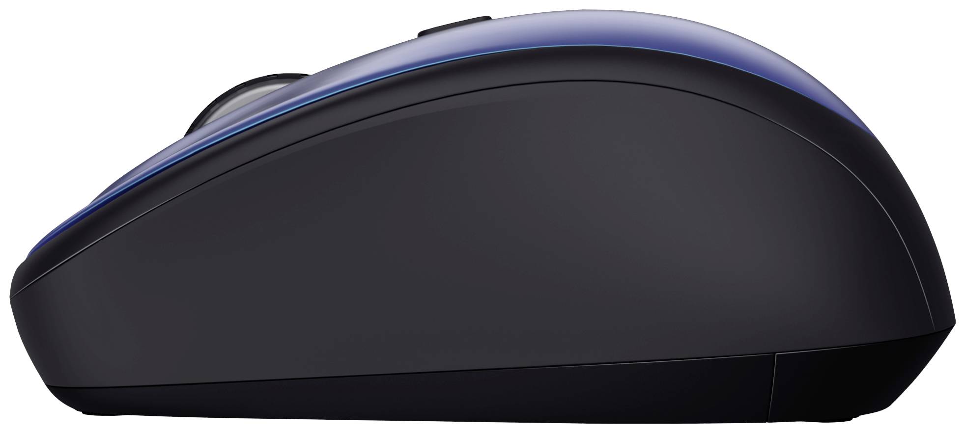 Schwarze Computermaus mit blauer Oberseite, seitlich dargestellt.