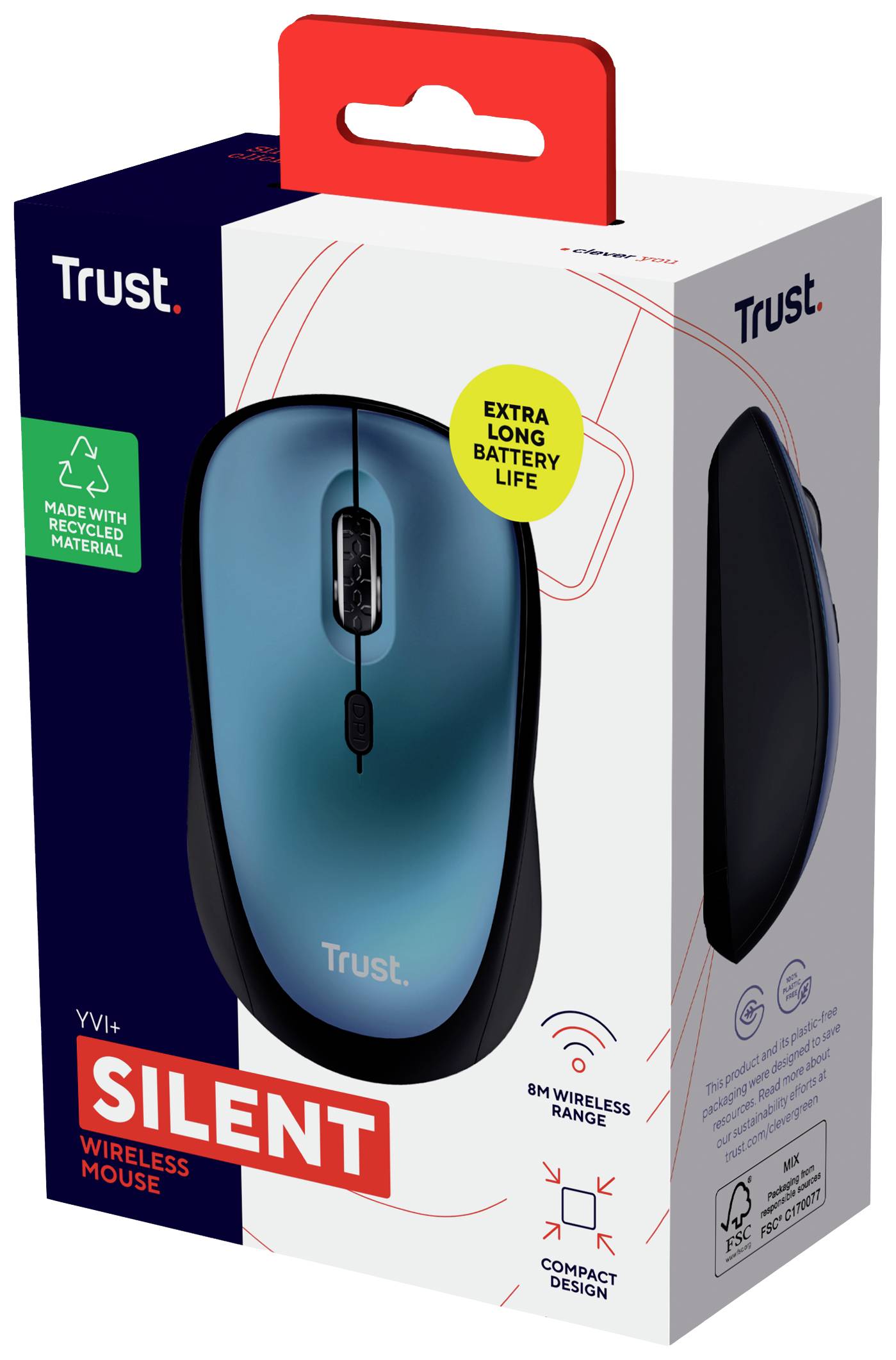 Kabellose Maus von Trust mit stillem Klick, kompaktem Design, und bis zu 8m Reichweite. Hergestellt aus recyceltem Material.