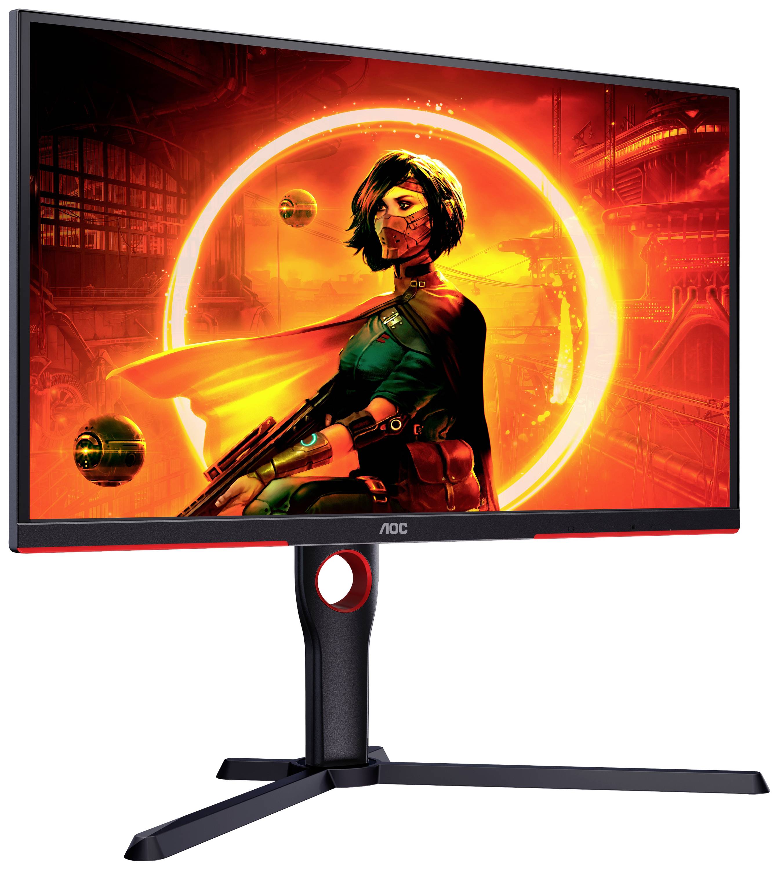 Ein Monitor mit dynamischem Bild einer futuristischen, maskierten Figur in leuchtend orange-roter Umgebung, die Energie und Technologie ausstrahlt.