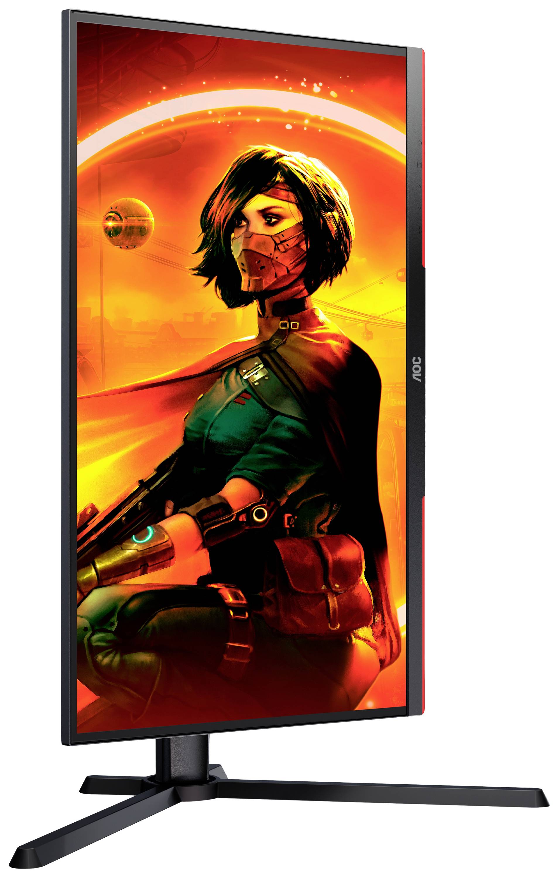 Futuristische Illustration eines maskierten Charakters vor einem rot-orange leuchtenden Hintergrund; stimmungsvoll und dynamisch.