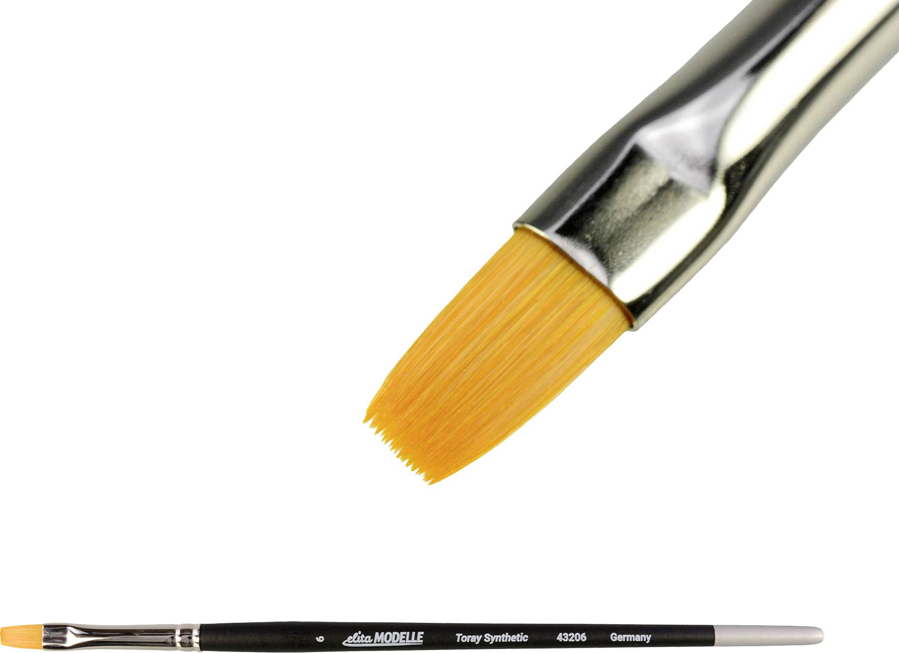 Ein orangefarbener, synthetischer Flachpinsel, vergrößert dargestellt, mit dem Markenname 'da Vinci MODELLE Tony Synthetic Germany' auf dem Griff.