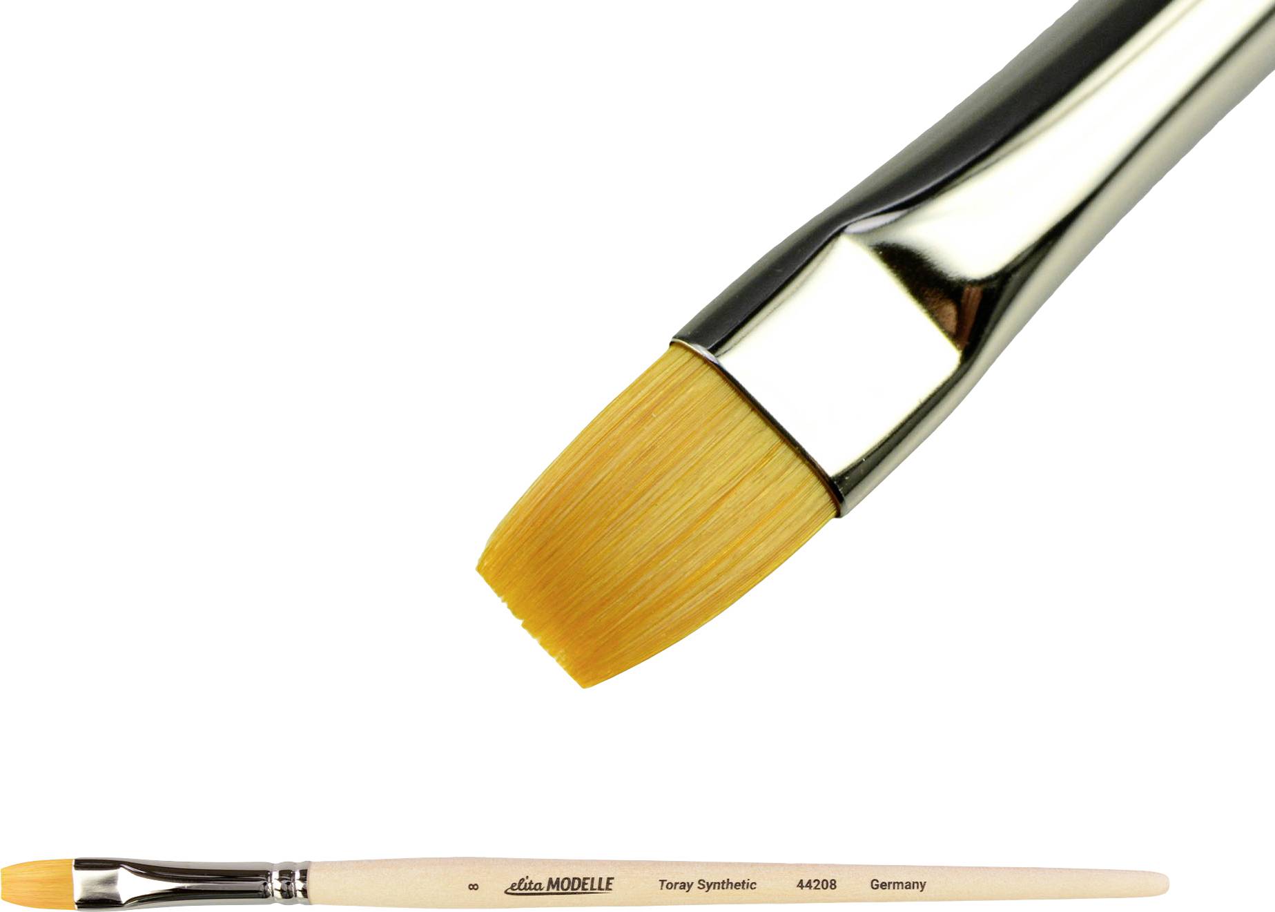 Ein flacher, synthetischer Pinsel mit Holzgriff und Metallzwinge. Geeignet für präzises Malen mit Acryl- oder Wasserfarben.