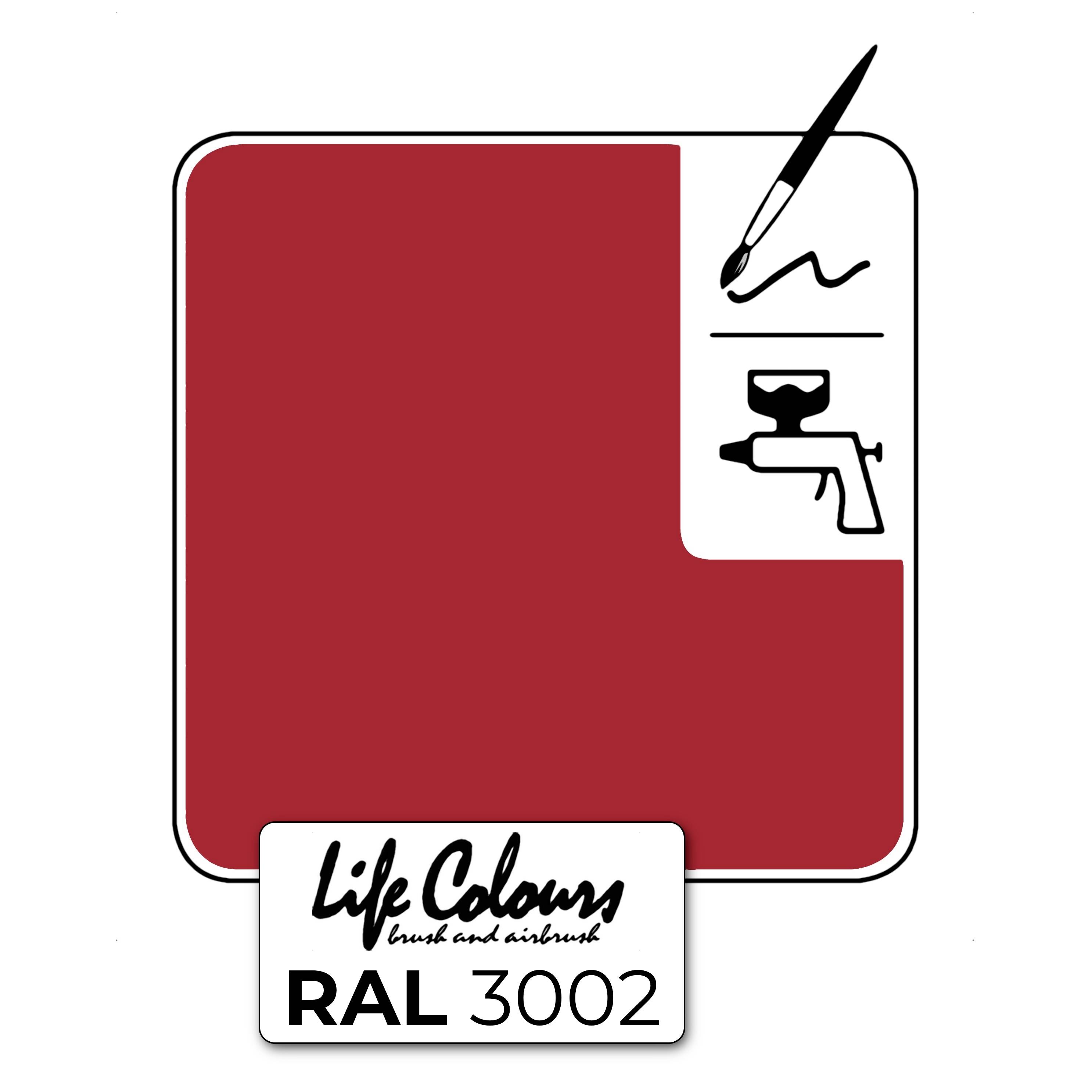 Ein rotes Farbmuster mit dem Text 'Life Colours' und 'RAL 3002'. Ein Pinsel und eine Spritzpistole sind als Anwendungssymbole abgebildet.
