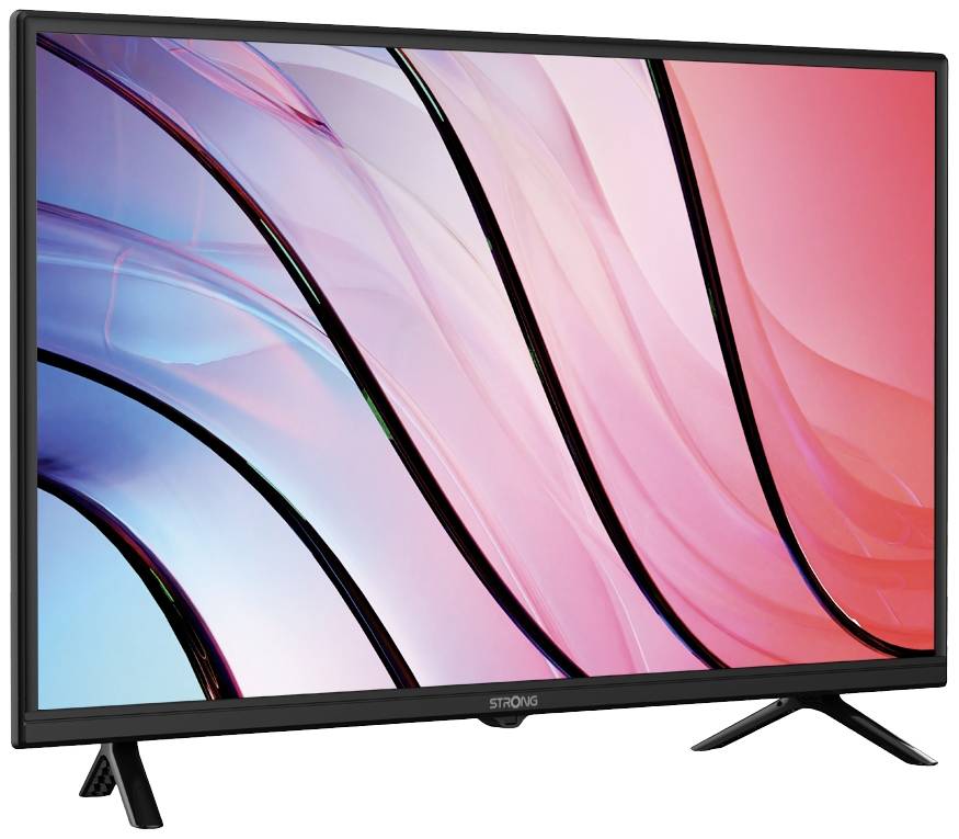 Ein modernes Flachbildfernsehgerät mit schmalem Rahmen. Das Display zeigt ein abstraktes Design in Rosa- und Blautönen.