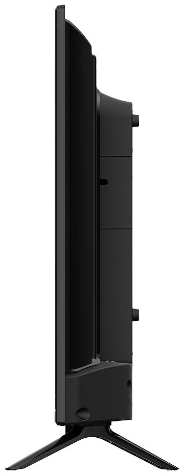 Seitenansicht eines Flachbildfernsehers, der auf einem X-förmigen Standfuß steht.