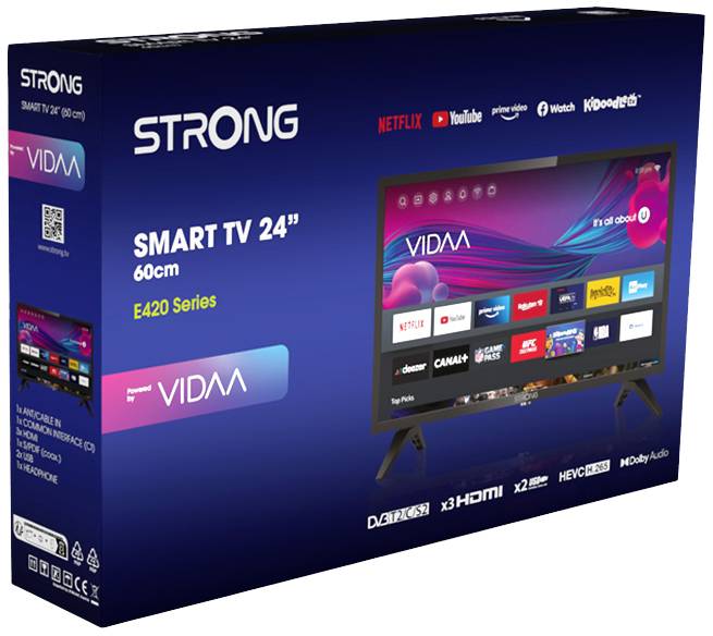 Verpackung eines Smart TV 24" (60 cm) von STRONG, Modell E420 Series, zeigt Apps wie Netflix und YouTube.