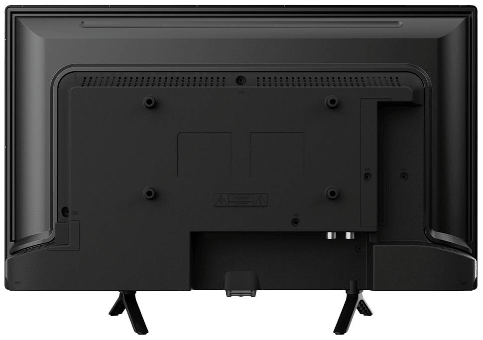 Rückansicht eines schwarzen Fernsehers mit Standfüßen, zeigt Anschlüsse und Befestigungspunkte.