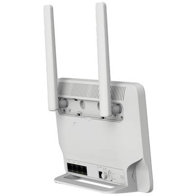 Ein WLAN-Router mit zwei Antennen, Rückansicht zeigt Anschlüsse und Statusleuchten. Geeignet für Heimnetzwerke.
