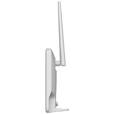 Ein silberner WLAN-Router mit langer, vertikaler Antenne, seitliche Ansicht.