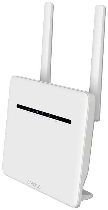 Ein weißer WLAN-Router mit zwei Antennen. Auf der Vorderseite leuchten fünf blaue LEDs, die den Verbindungsstatus anzeigen.