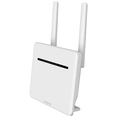 Ein weißer WLAN-Router mit zwei Antennen. Auf der Vorderseite leuchten fünf blaue LEDs, die den Verbindungsstatus anzeigen.