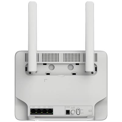 Ein weißer WLAN-Router mit zwei Antennen, vier LAN-Anschlüssen und Bedienelementen für Strom und WPS. Ansicht von hinten.