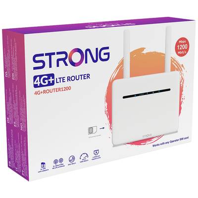 Verpackung für einen weißen 4G+ LTE Router von Strong, Modell 1200, hervorgehobene Geschwindigkeit '1200 Mbit/s', kompatibel mit jeder SIM-Karte.