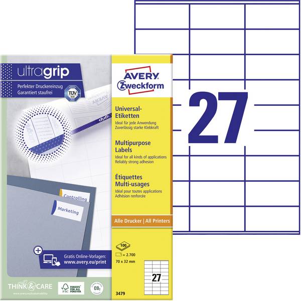 Avery-Zweckform 3479 Universal-Etiketten 70 x 32 mm Papier Weiß 2700 St. Permanent haftend Farblaserdrucker, Laserdrucker