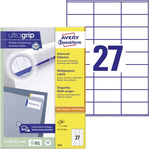 Avery-Zweckform 3479 Universal-Etiketten 70 x 32 mm Papier Weiß 2700 St. Permanent haftend Farblaserdrucker, Laserdrucke...