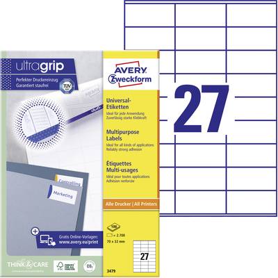 'Etikettenbogen mit 27 rechteckigen weißen Etiketten, Avery Zweckform UltraGrip für perfekte Druckerzeugnisse, geeignet für alle Drucker.'