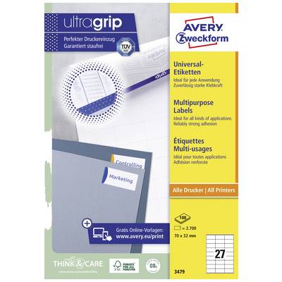 'Ultragrip Universaletiketten' Verpackung. Auf der Vorderseite sind Etiketten zu sehen. Für alle Drucker geeignet. Format: 70 x 32 mm.