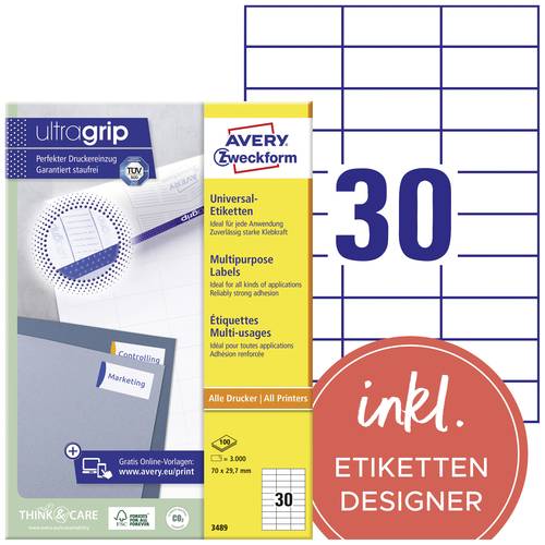 Avery-Zweckform 3489 Universal-Etiketten 70 x 29.7 mm Papier Weiß 3000 St. Permanent haftend Farblaserdrucker, Laserdruc...