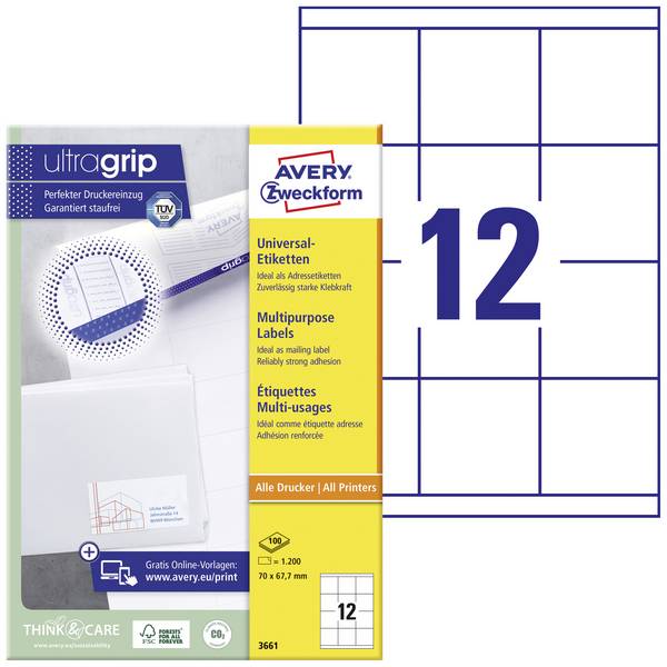 Avery-Zweckform 3661 Universal-Etiketten 70 x 67.7 mm Papier Weiß 1200 St. Permanent haftend Farblaserdrucker, Laserdrucker