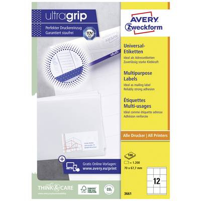 'Universal-Etiketten für alle Drucker, perforierte Kanten, starke Klebkraft, Größe 70 x 67,7 mm. 1200 Etiketten pro Packung.'