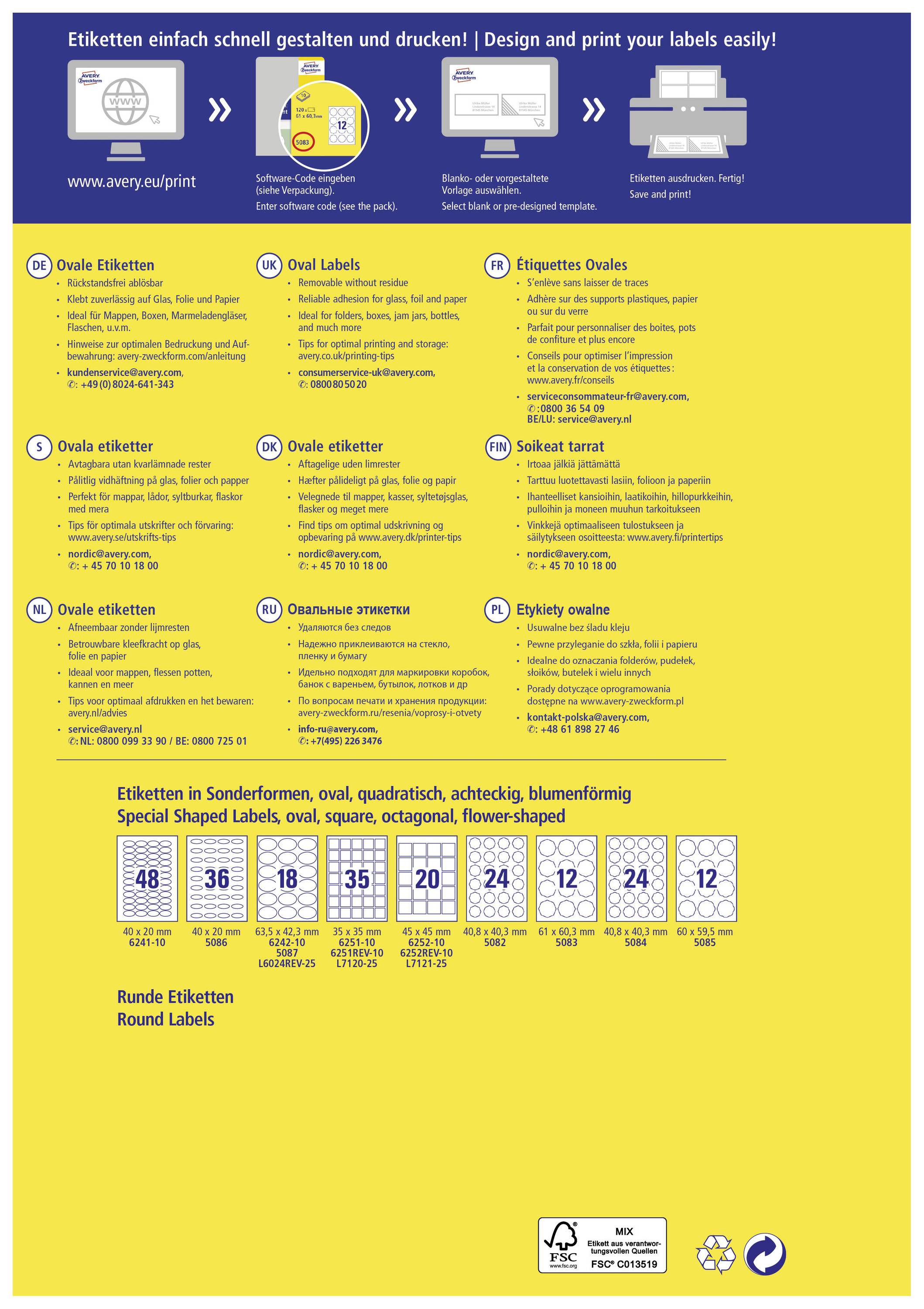 Poster mit Werbebotschaft von Avery für Etiketten. Enthält Anweisungen zur Erstellung und Druckoptionen. Text auf Deutsch und Englisch.