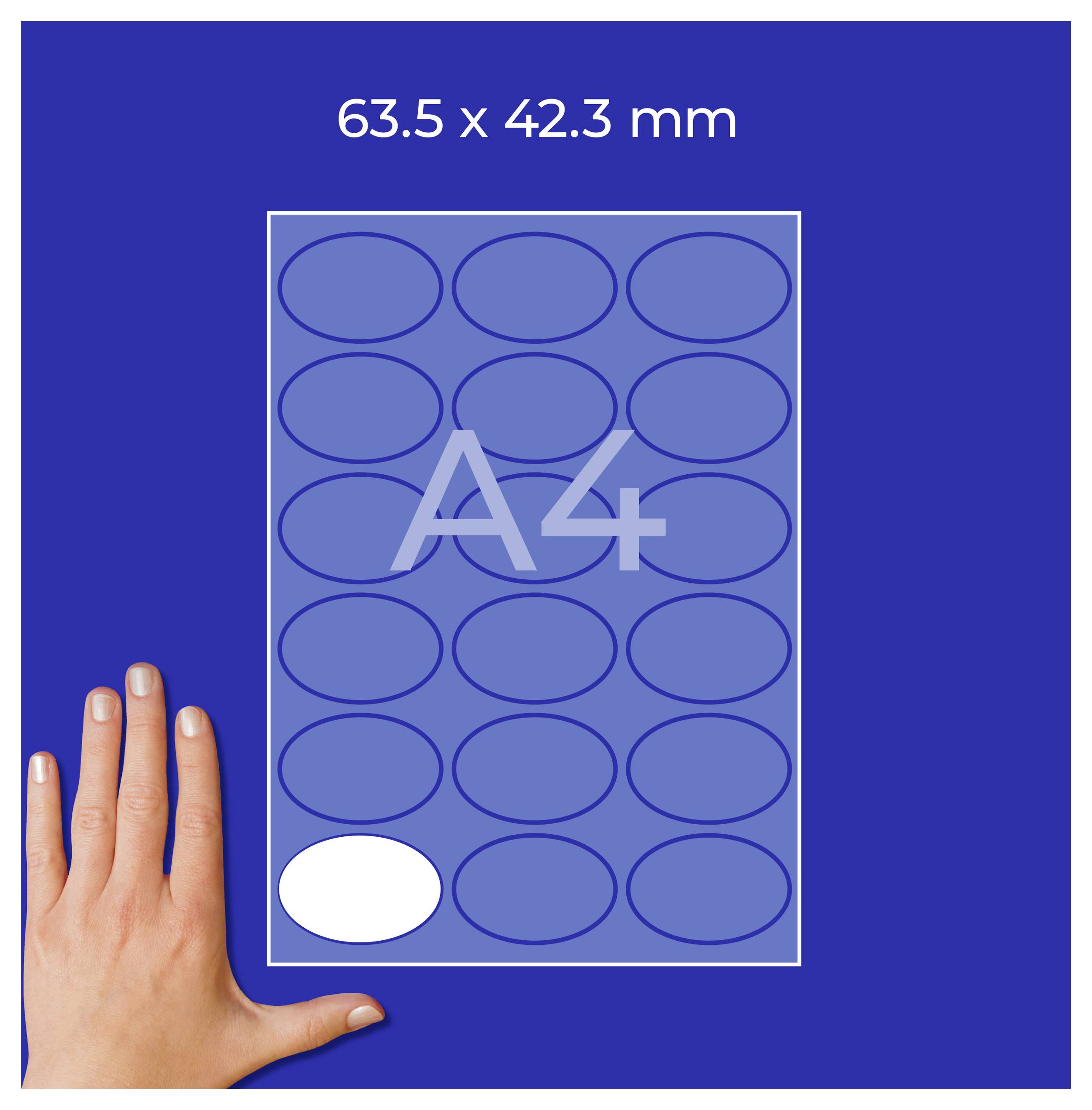Grafik eines A4-Etikettenbogens: 63,5 x 42,3 mm, mit 18 ovalen Etiketten; ein Etikett ist weiß hervorgehoben, daneben eine Hand als Größenvergleich.