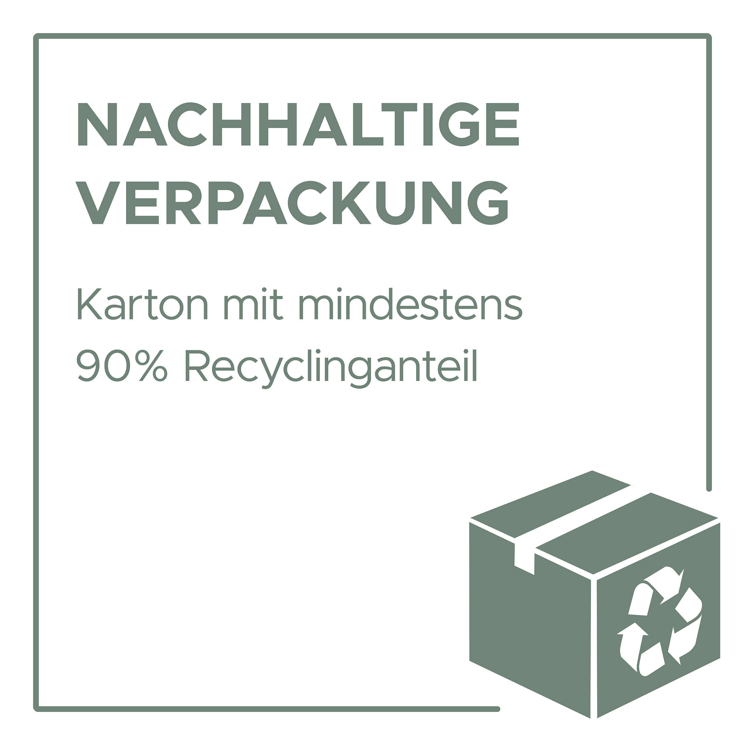 'Nachhaltige Verpackung' steht in Großbuchstaben oben links, darunter 'Karton mit mindestens 90% Recyclinganteil'. Rechts unten: Symbol eines Kartons mit Recyclingzeichen.
