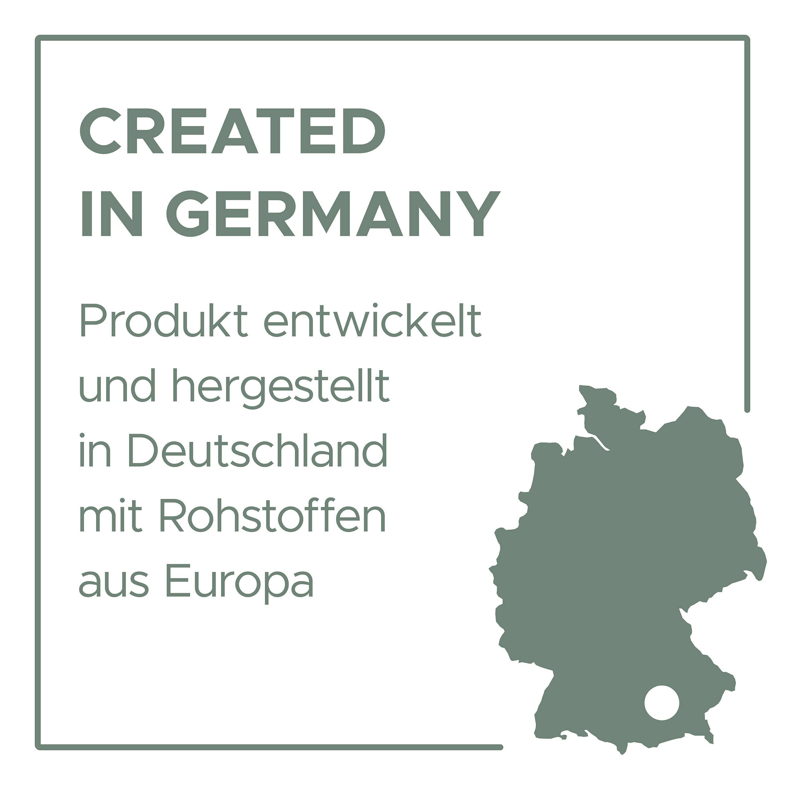 'CREATED IN GERMANY. Produkt entwickelt und hergestellt in Deutschland mit Rohstoffen aus Europa.' Text neben Karte von Deutschland.