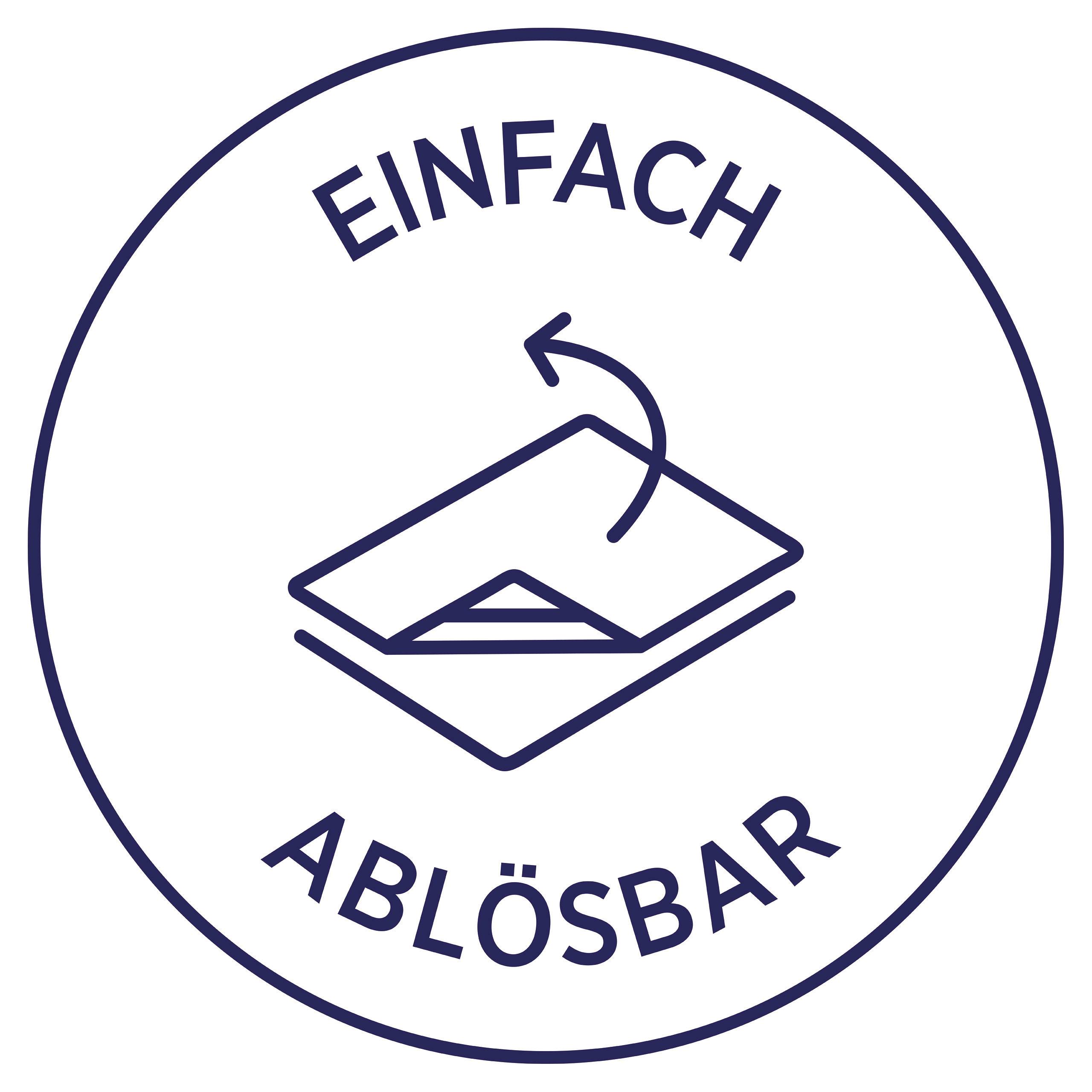 'Einfach ablösbar' in einem Kreis mit einem Papiersymbol, das einen abziehbaren Aufkleber darstellt.