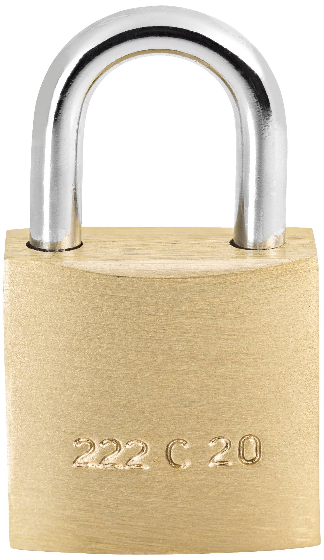 Ein einfaches Vorhängeschloss, metallisch glänzend und mit der Prägung '222 C 20' auf der Vorderseite.