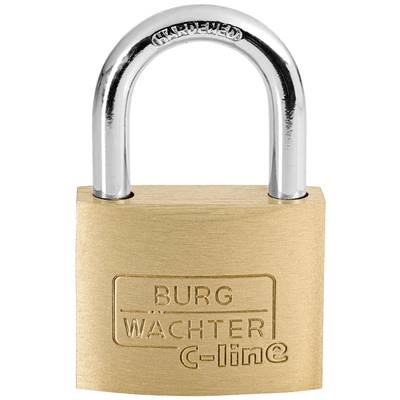 Ein Messingschloss mit der Aufschrift 'Burg Wächter C-line', glänzender Stahlbügel.