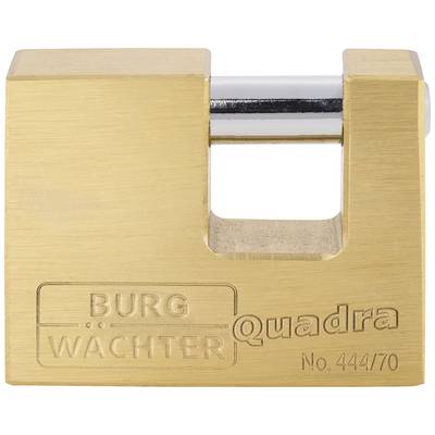 Ein rechteckiges Vorhängeschloss aus Messing mit der Gravur 'Burg Wächter Quadra No. 444/70'.