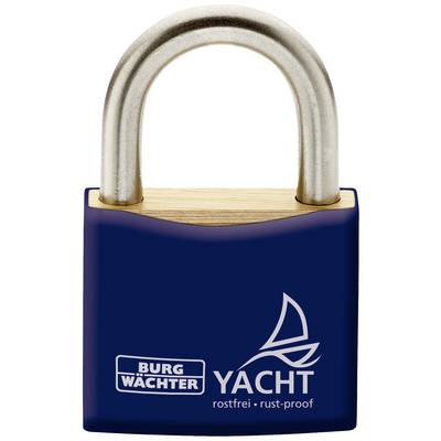 Ein blaues Vorhängeschloss mit der Aufschrift 'Burg Wächter Yacht' und einem Segelboot-Logo, rostfrei, für die Sicherheit.