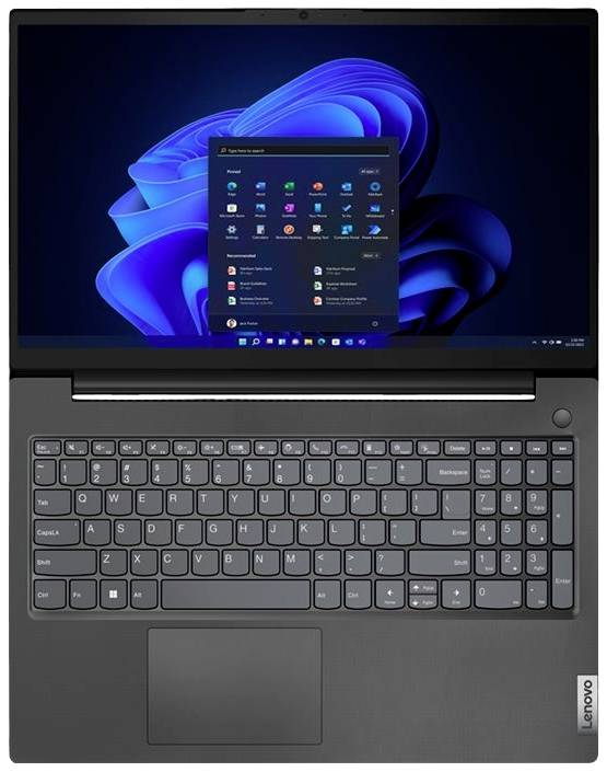 Schwarzer Laptop mit geöffneter Windows-Oberfläche auf dem Bildschirm. Tastatur und Touchpad sichtbar. Markenlogo unten rechts.
